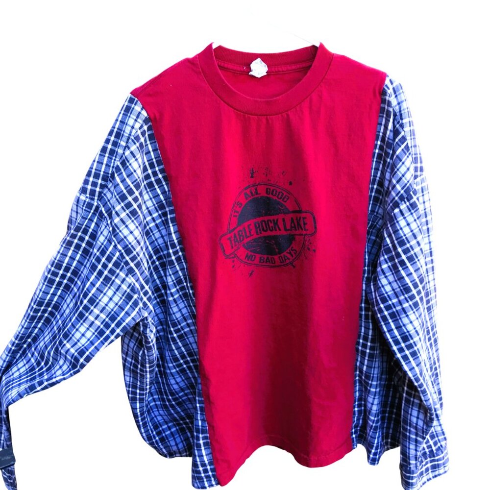 Reworked Flannel Shirt, Upcycled Oversized Table Rock Lake Graphic Size XL - 2XL